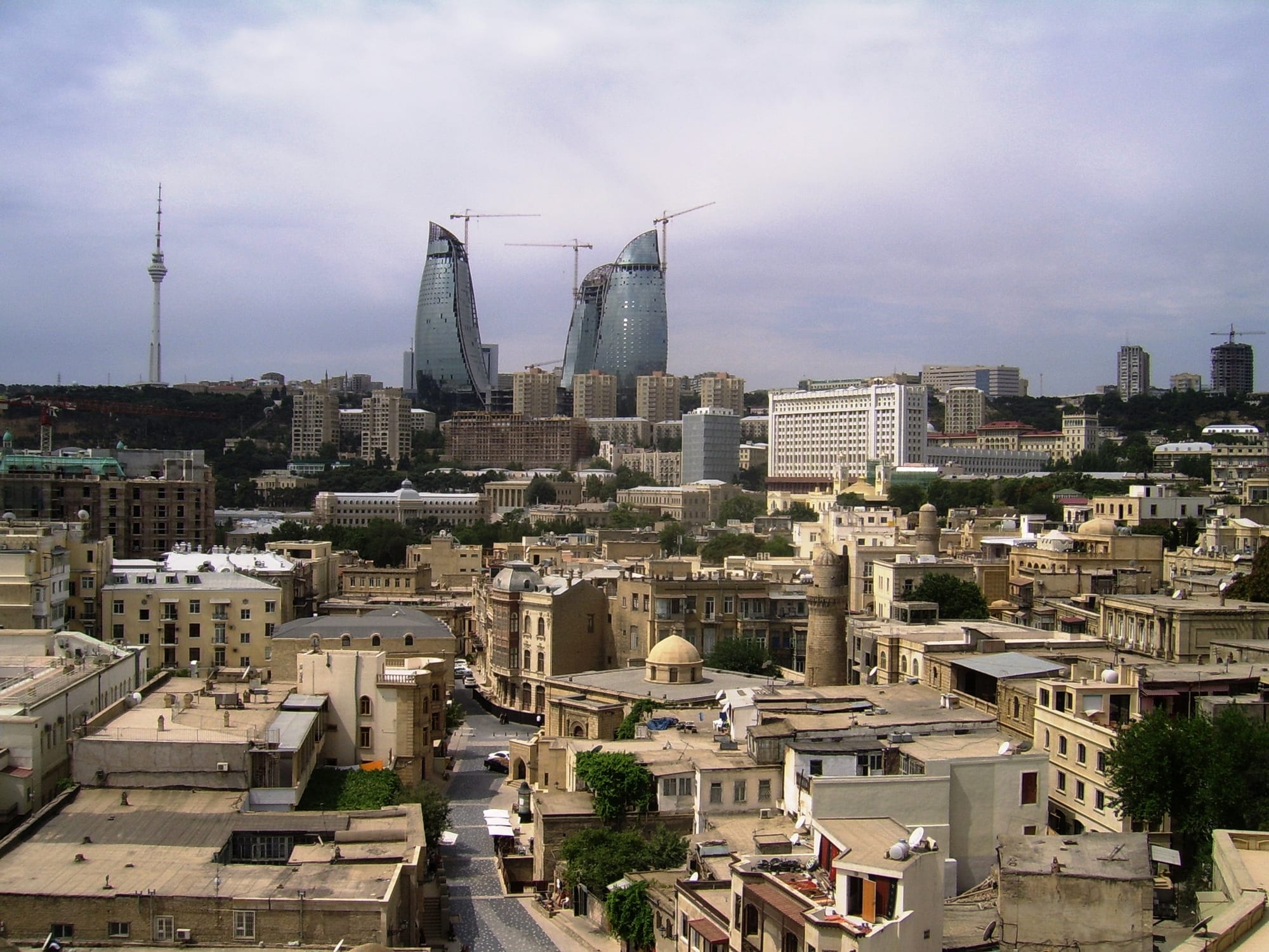 The Flame Towers rising above Baku seen from the Caspian waterfront